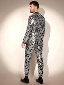 FeverCity Men Full Printed Sequin Long-Sleeved Jacket + Trousers Suit - Silver - View 2