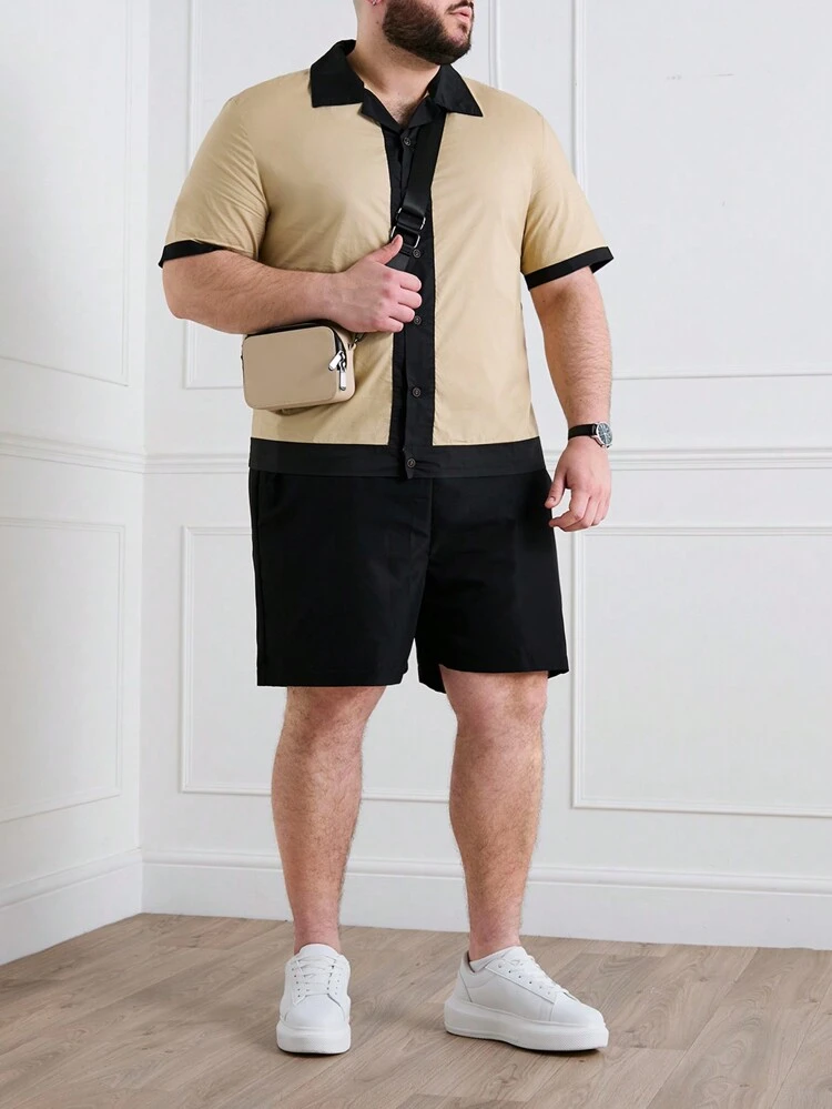 Men Plus Size Summer Casual Color Block Short Sleeve Shirt