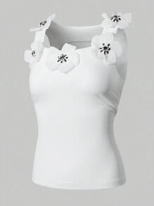 SHEIN Unity Women 3D Flower Decoration Tank Top - White - View 7