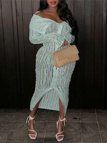 Distinctive Jacquard Knit Fitted Casual Dress - Mint Blue - View 3