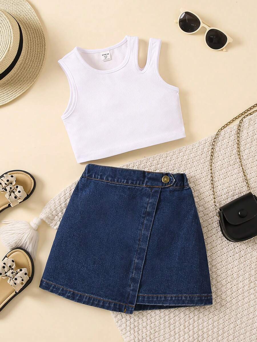 SHEIN 女童两件套基本款牛仔休闲上衣 - 彩色 - 查看 1