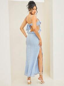 L'Amorae Swiss Dot Ruffle Cut Out Split Thigh Slip Dress - Blue - View 2
