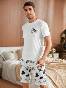 Bộ đồ ngủ nam tay ngắn và quần short in họa tiết bò mùa hè - Đen và trắng - Xem 4