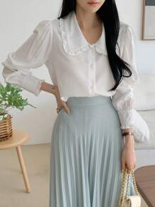 DAZY Peter Pan Collar Loose Fit Open Front Long Sleeve Women Shirt,Long Sleeve Tops Summer