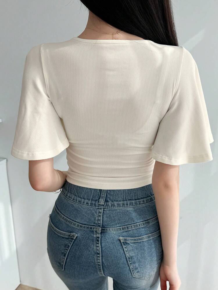 Women Solid Color Textured V-Neck Ruffle Sleeve Summer T-Shirt,Crop Tops Women