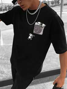 Manfinity 男士大码熊貓印花T恤 - 黑色 - 查看 1