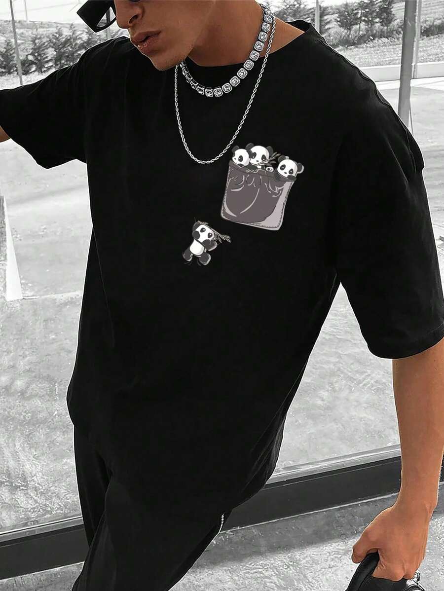 Manfinity 男士大码熊貓印花T恤 - 黑色 - 查看 1