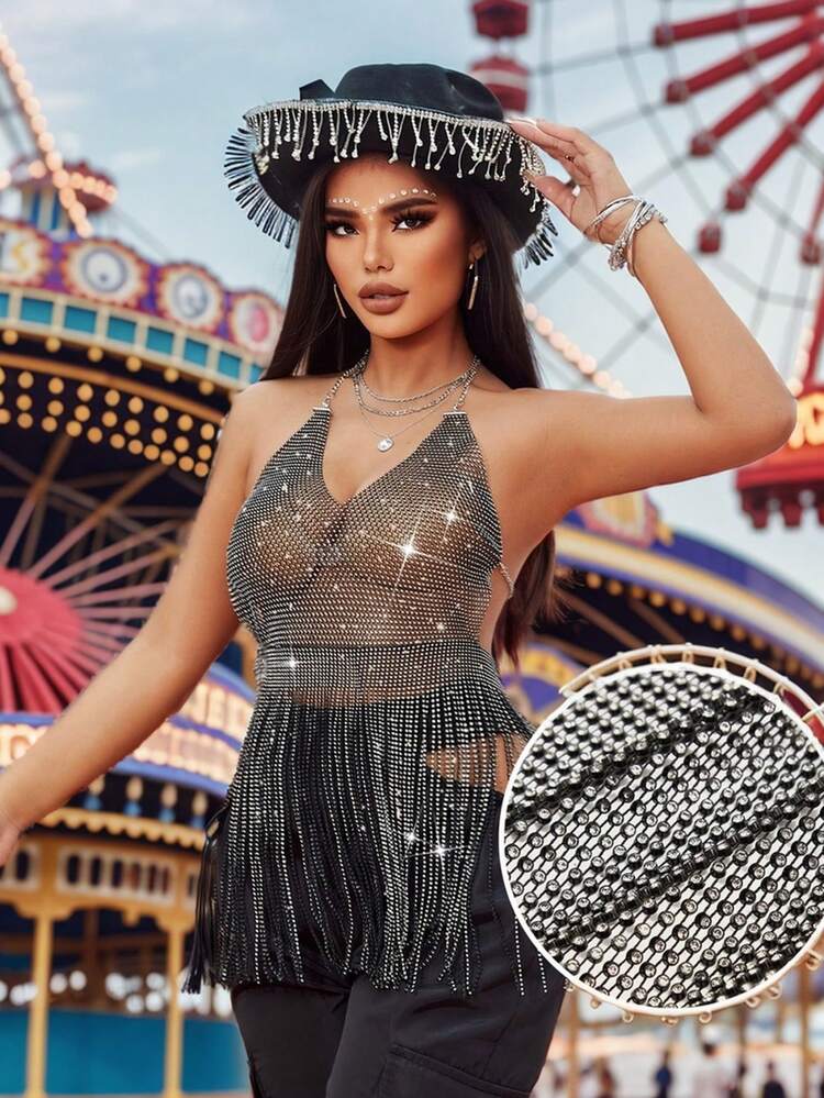 Music Festival Western Style Boho Fashion Gorgeous Women's Black Aluminum Klein Stone Rhinestone Laser Hollow Metallic Sexy Resort Nightclub Charming High-End Elegant Fitted Short Chain Sling Shoulder Straps Adjustable Hem Tassel Short Tank Top