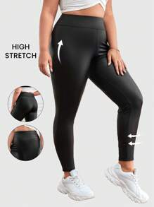 SHEIN Frenchy 纯色高腰 PU 皮革紧身裤，适合冬季 - 黑色 - 查看 1