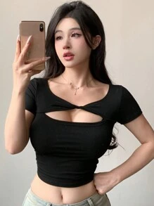 DAZY Women Summer Solid Color Twisted Hollow Out Short Sleeve Slim Fit Crop Top T-Shirt Going Out Tops