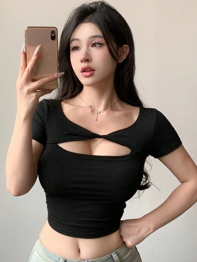 Women Summer Solid Color Twisted Hollow Out Short Sleeve Slim Fit Crop Top T-Shirt Going Out Tops