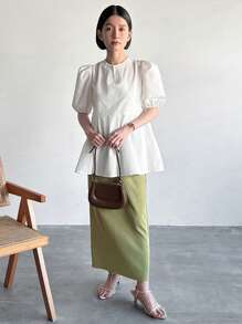 FRIFUL Women Solid Color Texture Short Sleeve Summer Shirt,Ruffle - White - View 2