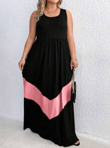 SHEIN Holidaya Plus Size Women Boho Summer Color Blocking Long Round Neck Sleeveless Casual Simple Dress