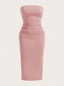 SHEIN EZwear Vestido sin tirantes de punto multicolor con dobladillo plisado, abertura lateral, ajuste entallado y estilo elegante para mujer - Rosa vieja - Ver 9