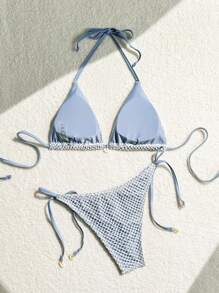 SHEIN Swim Bộ đồ bơi lưới rỗng cho kỳ nghỉ hè của phụ nữ - Màu xanh lam - Xem 4