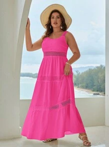 SHEIN VCAY 大尺碼純色簡約假期風格細肩帶連身裙，適用於春季/夏季 - 玫紅色 - 查看 3