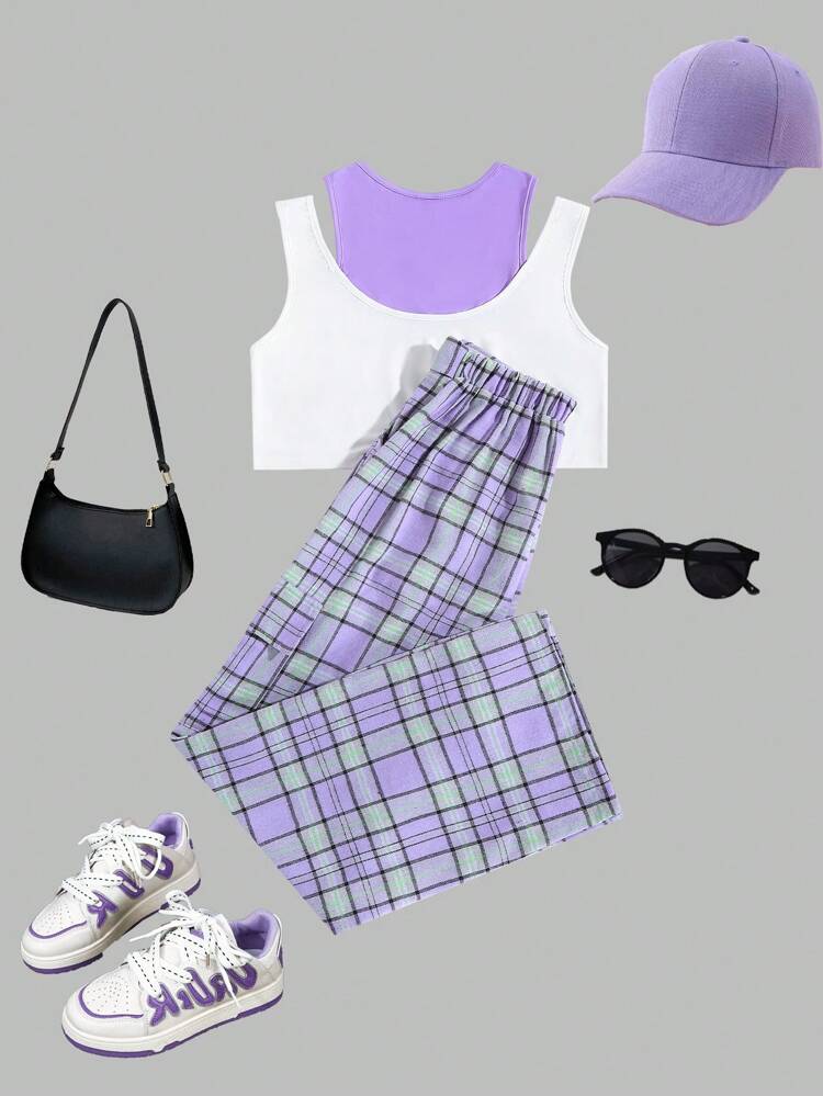 Teen Girl Summer Letter & Five-Pointed Star Printed 2 In 1 Crop Top & Grid Design Wide Leg Pants Casual Two Pieces Set