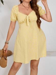 SHEIN Frenchy Váy cổ chữ V kẻ sọc tay phồng thời trang cỡ lớn dành cho nữ - Nhiều màu - Xem 3