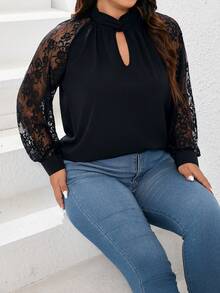 SHEIN Clasi Plus Size Áo sơ mi dài tay phối ren màu trơn mùa hè - màu đen - Xem 5