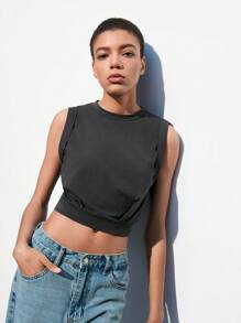 SHEIN Maija Áo ba lỗ cổ tròn màu trơn cho nữ mùa hè - Xám - Xem 7