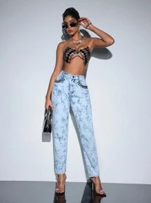 SHEIN BAE 女性休閒日常穿搭磨破牛仔褲 - 藍色 - 查看 5