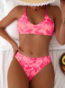 SHEIN Swim مجموعة بيكيني مكونة من قطعتين بطبعة زهور عشوائية لعطلة على الشاطئ، الصيف على الشاطئ