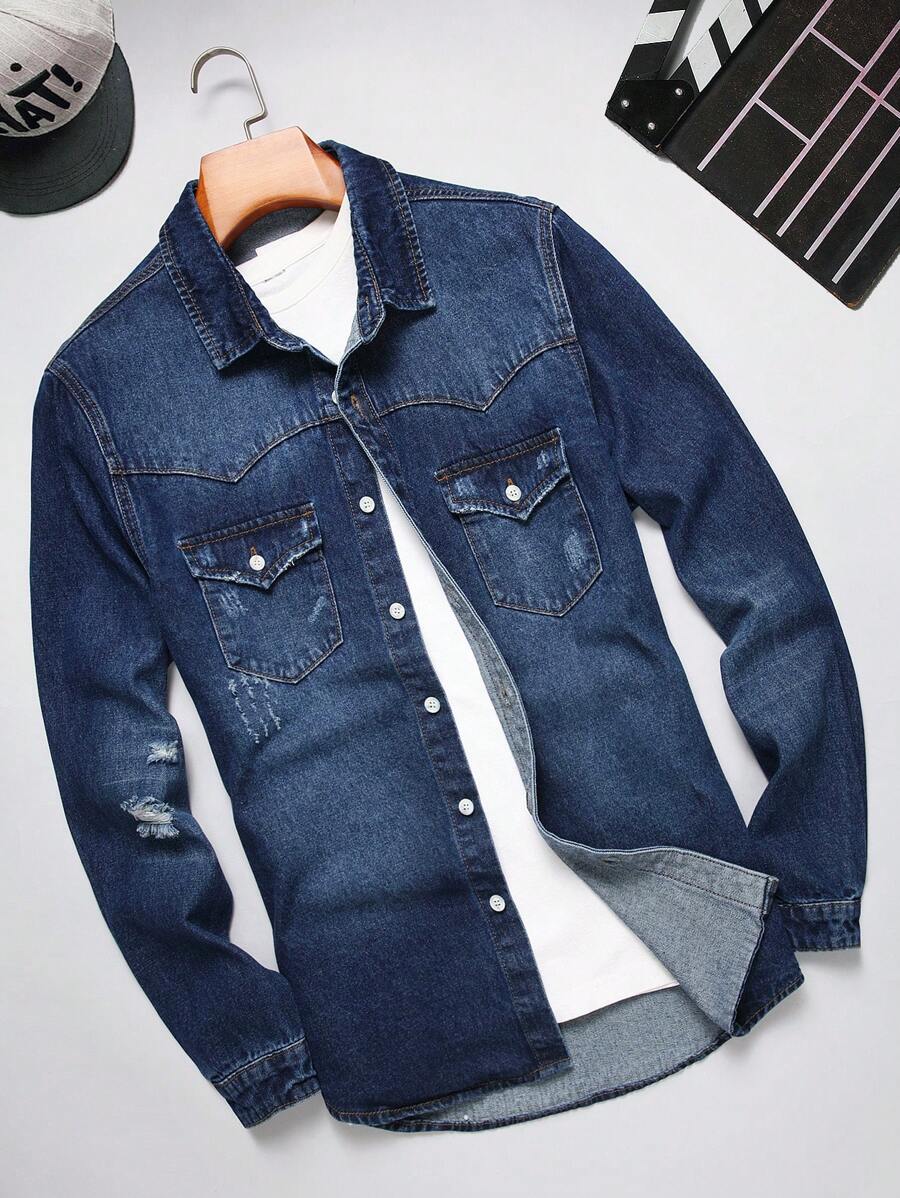 Manfinity Homme 男士時尚長袖牛仔鈕扣襯衫，棉質深藍色派對時尚朋友服裝 - 深色水洗藍 - 查看 1