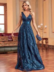 XUIBOL Women's Sequin Embroidered Fitted V-Neck Sleeveless Maxi Formal Dinner Party Gown Dress (Heavy Handwork) Wedding Guest Dress Evening Dress - Màu xanh ngọc - Xem 5