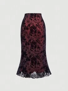 SHEIN MOD Women's Floral Printed Lace Patchwork Skirt - Red - View 2