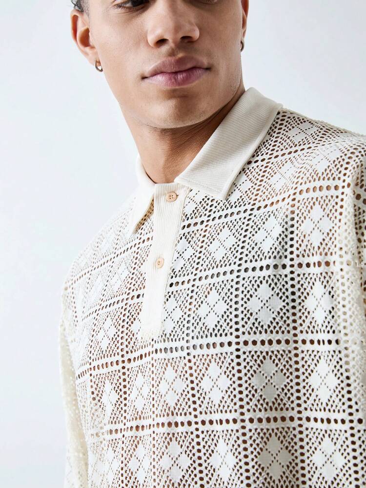 Men's Oversized Long Sleeve Polo In Beige Crochet