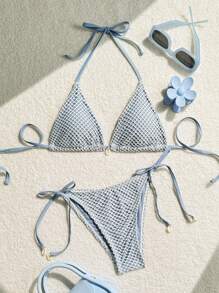 SHEIN Swim Bộ đồ bơi lưới rỗng cho kỳ nghỉ hè của phụ nữ - Màu xanh lam - Xem 8