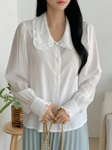 DAZY Peter Pan Collar Loose Fit Open Front Long Sleeve Women Shirt,Long Sleeve Tops Summer