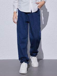 SHEIN Tween Boy Casual Tapered Jeans With Slanted Pockets And Elastic Waistband At The Back, School, Campus, College Chic Autumn/Winter - Dark Wash - View 5