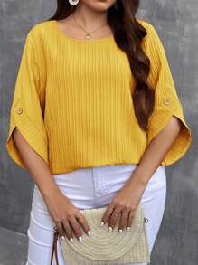 SHEIN LUNE Loose-Fit Round Neck Simple Solid Color All-Match Spring/Summer Short Sleeve Shirt In Plus Size - Yellow - View 5