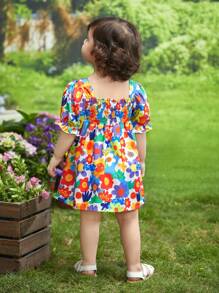 SHEIN Baby Girl Floral Print Puff Sleeve Dress - Multicolor - View 6