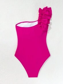 SHEIN Swim Women Ruffle One Shoulder One Piece Swimsuit, Perfect For Summer Beach Vacation - Hot Pink - View 5