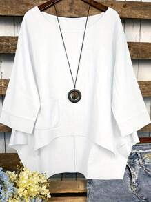 Women's Plain Asymmetrical Round Neck Shirt With Pocket