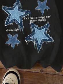 SHEIN Leap Crew Kleine Mädchen lässiges T-Shirt mit Fünf-Sterne-Muster und kurzen Ärmeln, geeignet für den Sommer