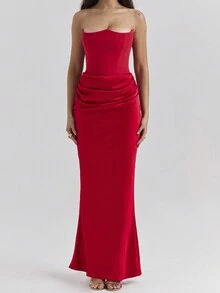 Women Solid Color Backless Party Valentine's Day Dress, Sexy Club Dresses For Spring & Summer, Bridesmaid Dress - Red - View 5