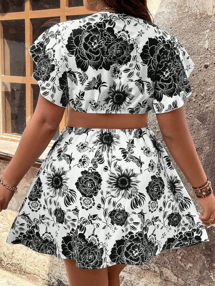 Plus Size Floral Print Deep V-Neck Hollow Out Dress