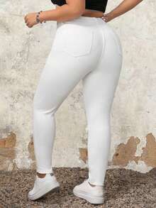 SHEIN ICON Plus Size Đau khổ Màu trơn Đơn giản Hàng ngày Tối giản Quần jean phù hợp - trắng - Xem 2