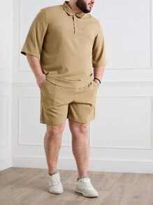 Manfinity Homme Men Plus Size Summer Casual Solid Color Short-Sleeve Shirt And Shorts Set