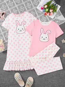 SHEIN Conjunto de 3 peças Para Menina Adolescente, Camiseta Casual de Manga Curta, Calça Comprida e Macacão de Pijama Retardante de Chamas Fofos