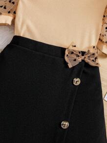 SHEIN Tween Girls' Matching College Style Polka Dot Short Sleeve T-Shirt And Skirt Set, Round Neck - Apricot - View 4