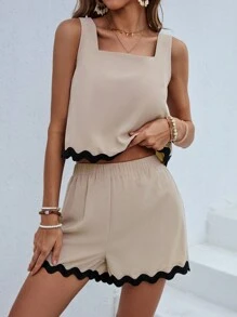 SHEIN Essnce 女士休闲假日两件套彩色拼色波浪边 - 彩色 - 查看 3