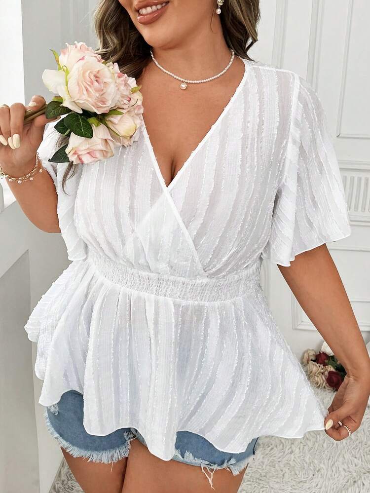 Plus Size Women Summer Solid Color Overlapping V-Neck Ruffled Short Sleeve Blouse