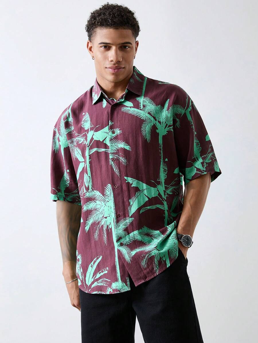 Forever 21 男士寬鬆短袖棕紅棕櫚樹印花襯衫 - 酒紅色 - 查看 1