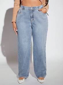 SHEIN SXY Plus Size Casual Loose Fit Straight Leg Jeans With Washed Finish