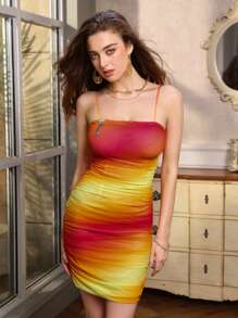 Aveloria Summer Tie Dye Mesh Spaghetti Strap Dress With Detachable Tassel, Rhinestone Decoration, Adjustable Waist