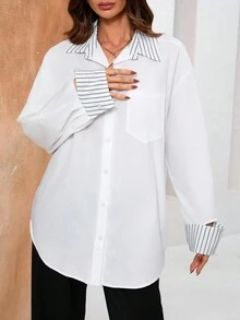GENKIRA Mujeres blusa primavera/verano de manga larga con rayas impresas - Blanco - Ver 8